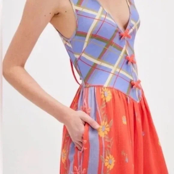 Free People Linen Bali Honeydew Bow Colorful Jumpsuit in Fiesta Combo XS